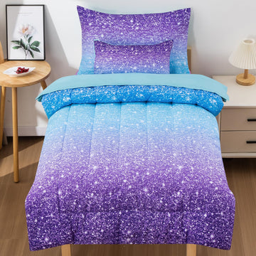 Jqinhome Toddler Comforter For Girls,5 Piece Bed In A Bag 3D Unicorn Sparkle Theme Bedding Set With 2 Pillowcases,1 Flat Sheet,1