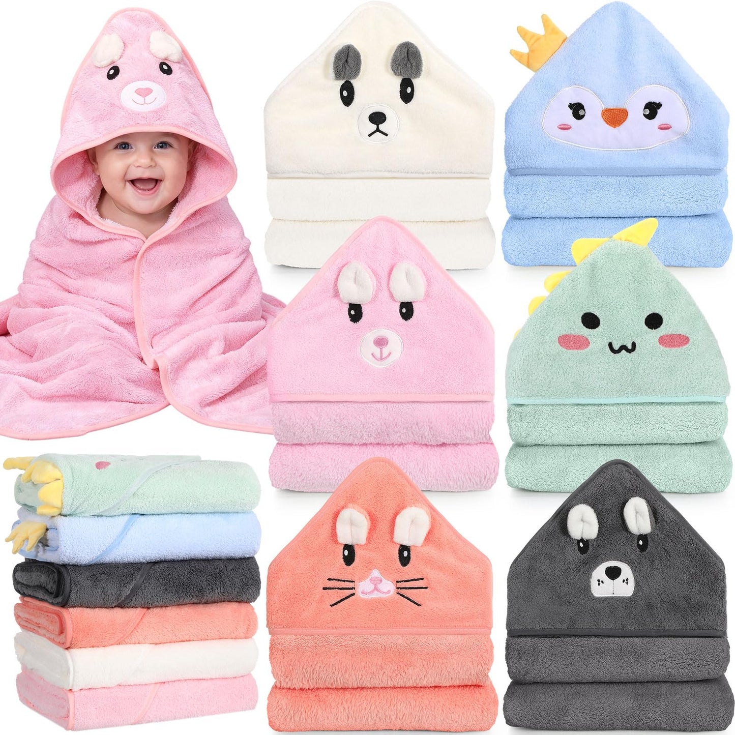 SmoothNovelty 6 Pack Baby Hooded Towels Infants and Toddlers Coral Fleece Baby Bath Towels 31.5 x 31.5 Inch Absorbent Cute Soft 