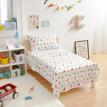 Amazon Basics Kid'S Soft Easy-Wash Lightweight Microfiber 3-Piece Sheet Set, Toddler, Multi Color, Dinosaurs