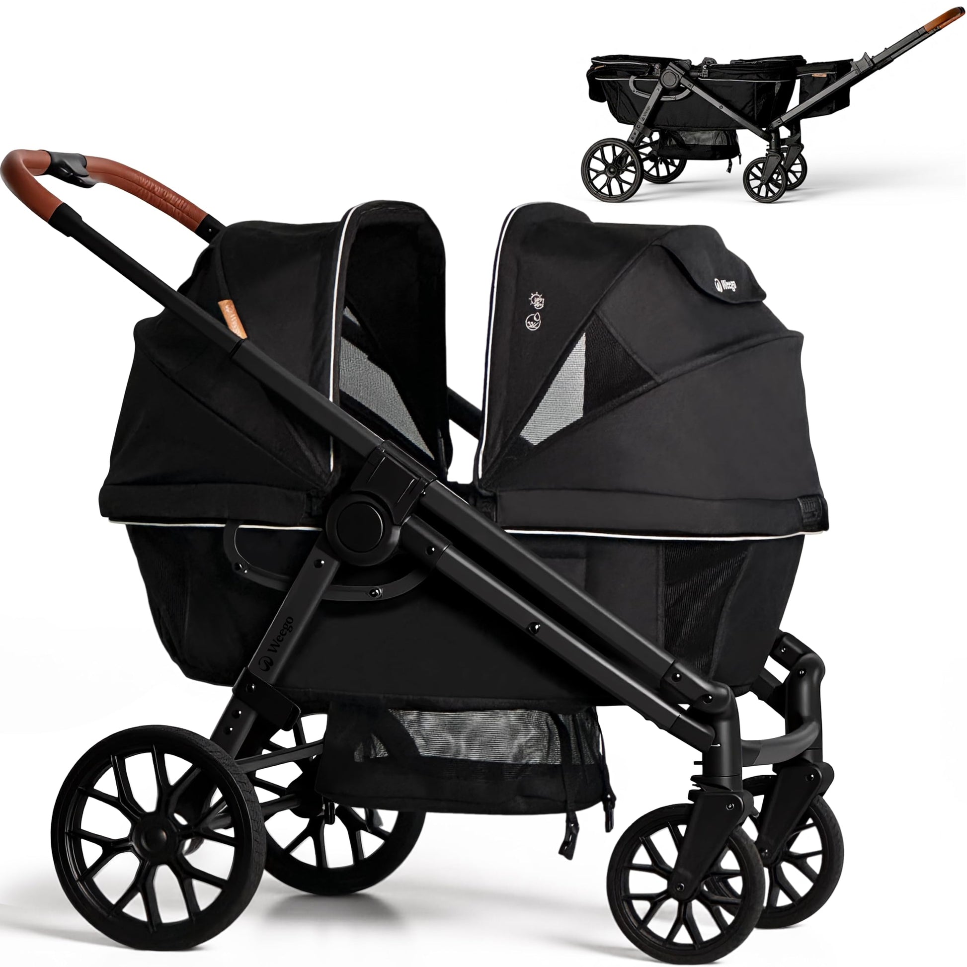 Wagon Stroller for 2 Kids, All-Terrain with Removable UV-Protection Canopy , Adjustable Push/Pull Handle, Snack Tray & Cup Holde