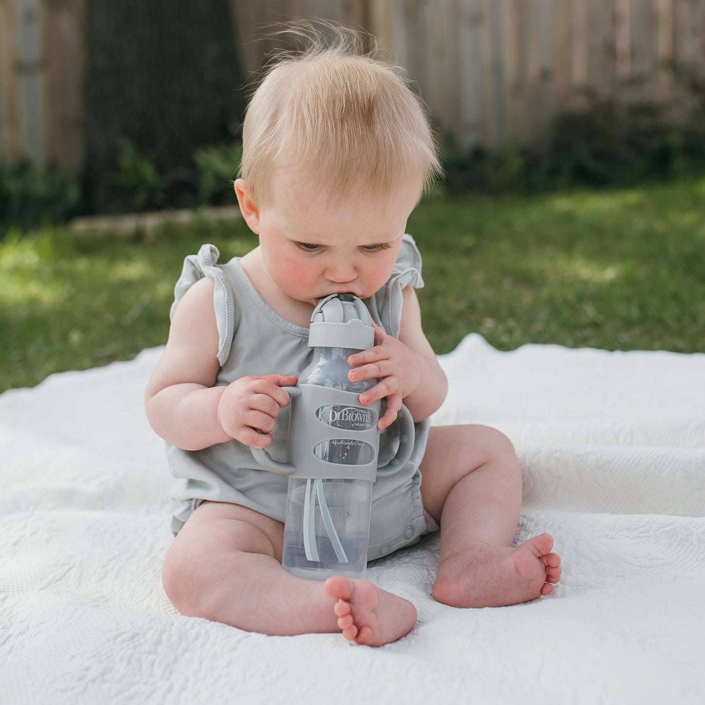 Dr. Brown'S Milestones Narrow Sippy Straw Bottle With 100% Silicone Handles, 8Oz/250Ml, Gray, 1 Pack, 6M+