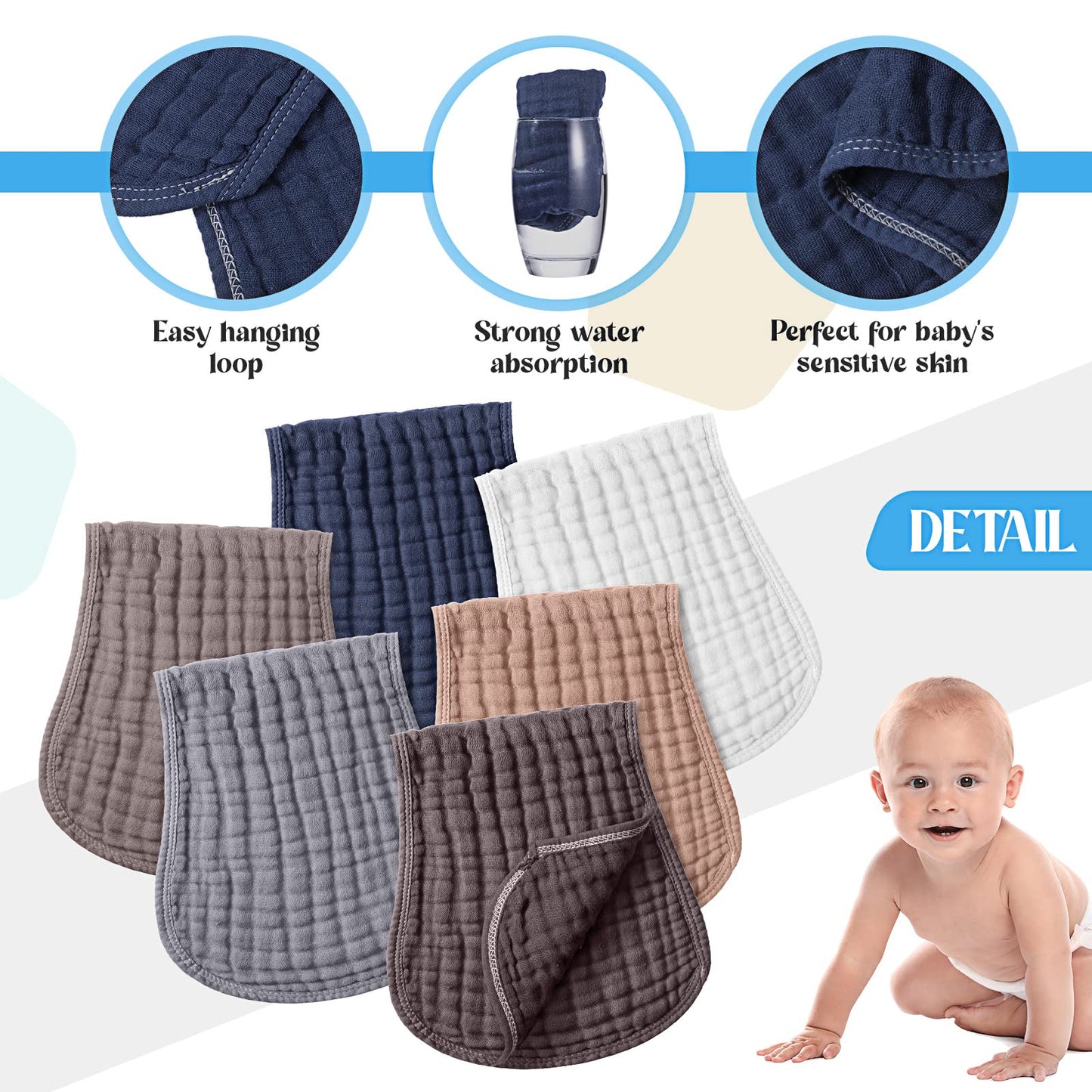 Frienda 6 Pack Muslin Burp Cloths Cotton Large 20x 9 Extra Absorbent and Soft Baby Burping Cloth for Baby Boy Girl Unisex(Da