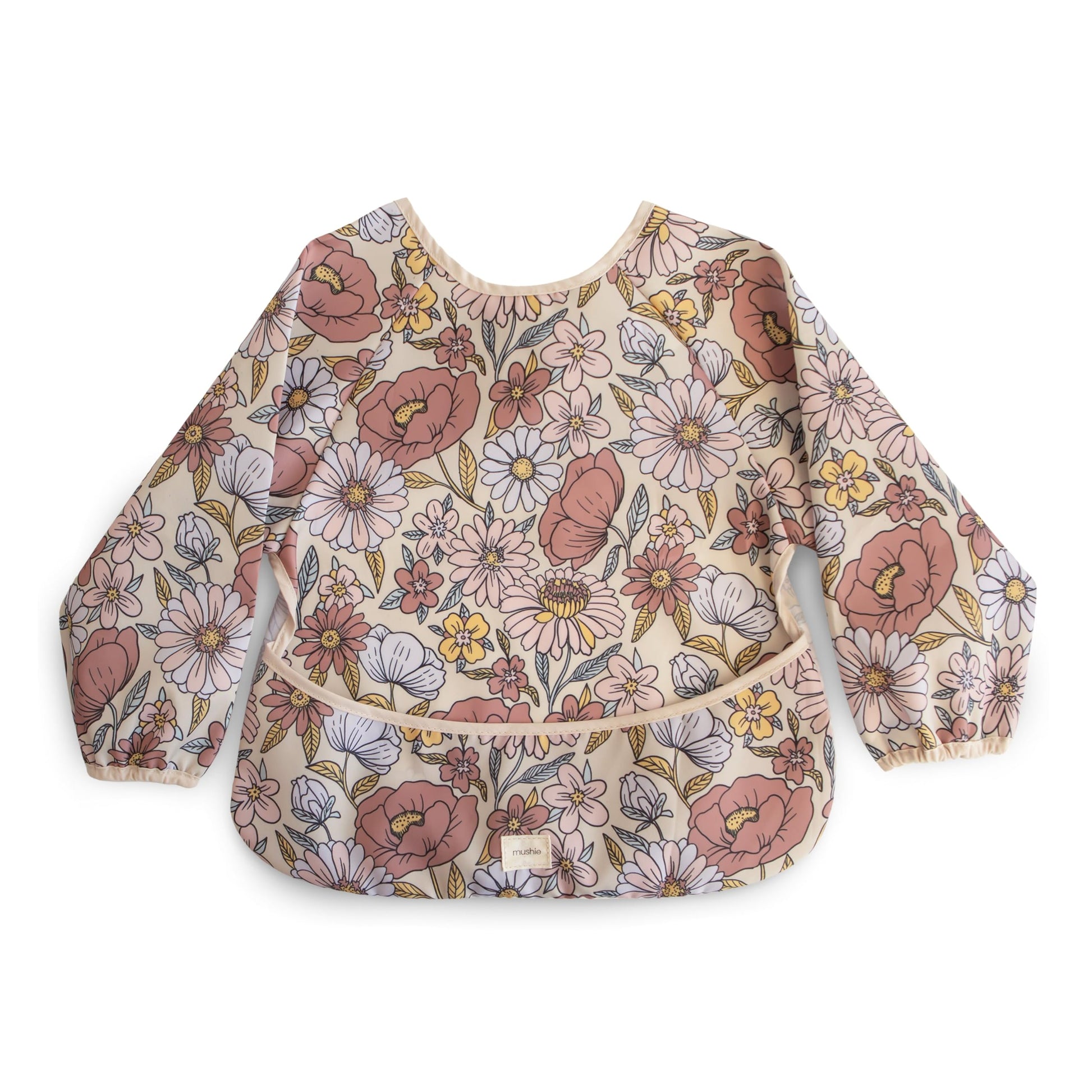Mushie Long Sleeve Baby Bib | Mess Free & Waterproof Fabric For Toddlers | Adjustable Fit For Ages 6-24 Months (Retro Flowers)