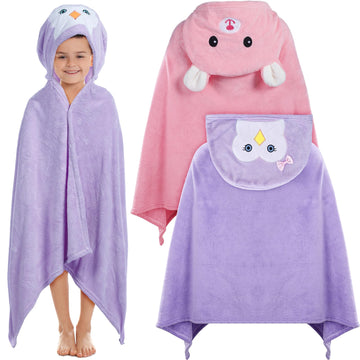 Preboun 2 Pcs Kid Hooded Bath Towel Toddler Towel 27.5 X 55'' Large Hooded Towel For Kids 3-10 Yrs Wrap Bathrobe Boy Girl(Light