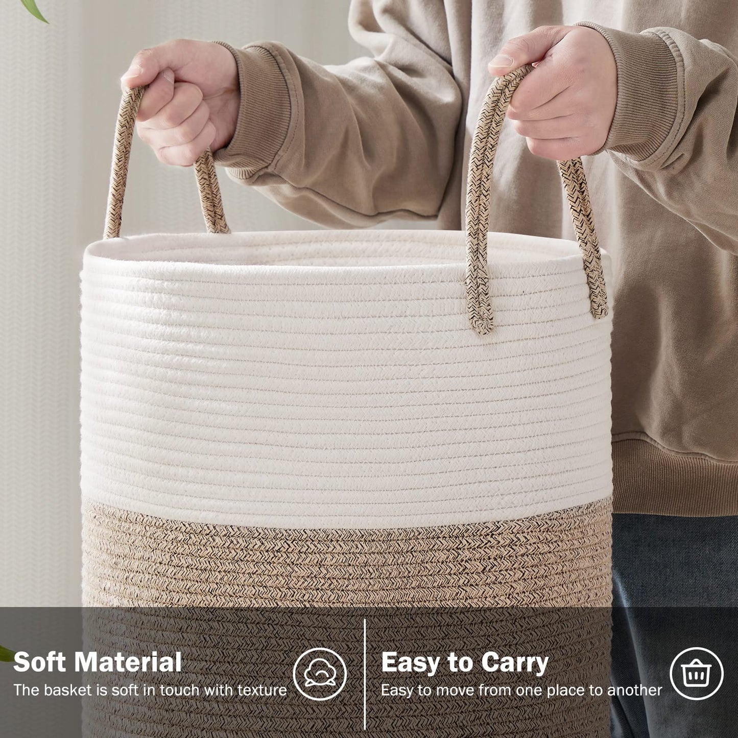 Youdenova Woven Rope Laundry Hamper Basket, 72L Tall Luandry Basket, Baby Nursery Hamper For Blanket Storage, Clothes Hamper For