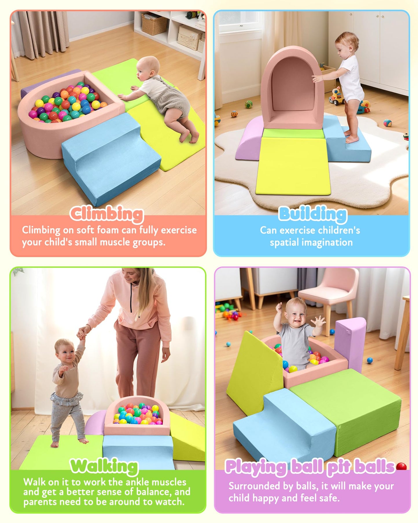 Auksay Baby Climbing Blocks, Soft Play Set for Crawling Baby 6-12 Months, Anti-Slip Particles Bottom & hook and loop Connectors,