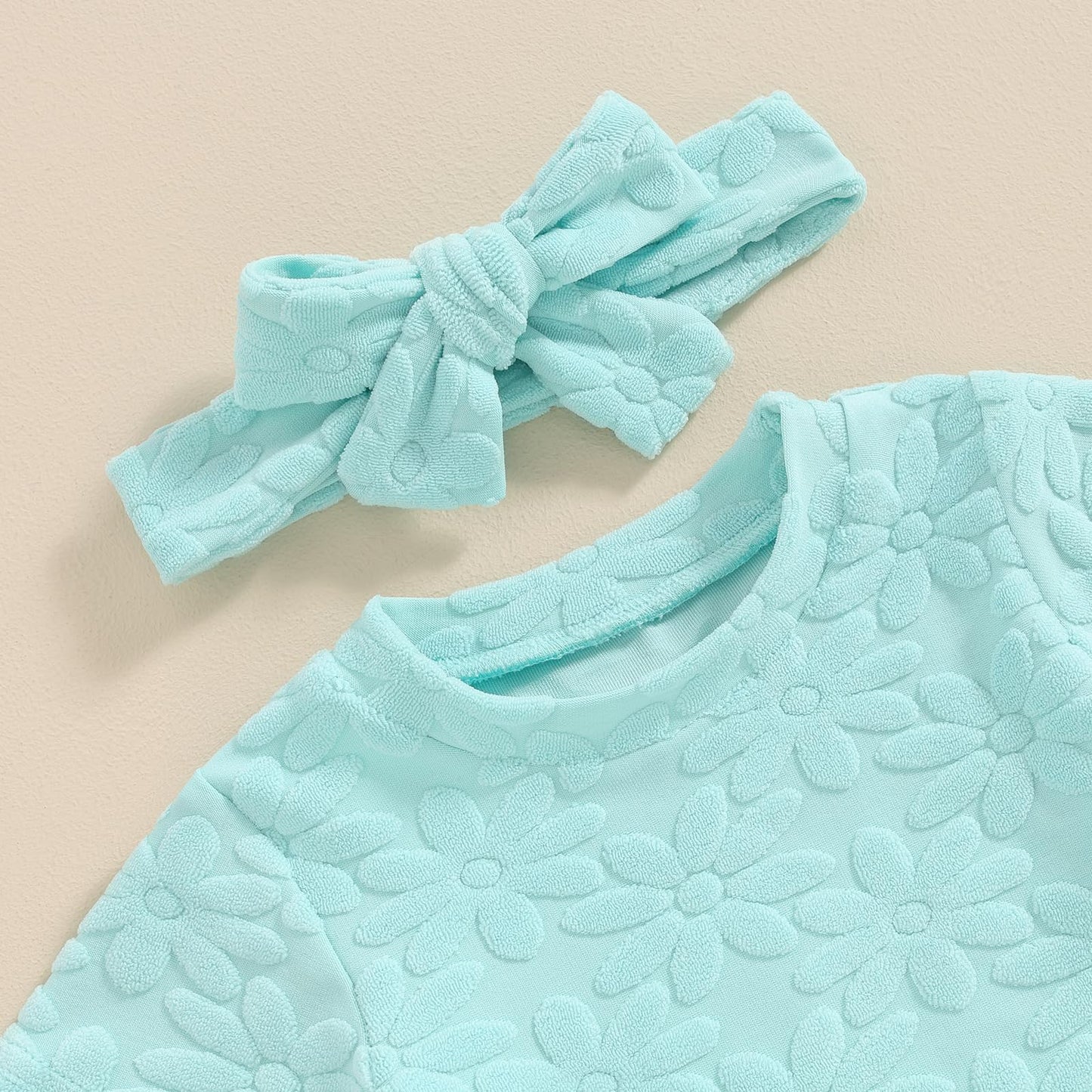 Toddler Baby Girls Daisy Chenille Patch Outfit Short Sleeve T-Shirt Shorts Headband 3Pcs Summer Clothes Set (Sky Blue, 6-12 Mont