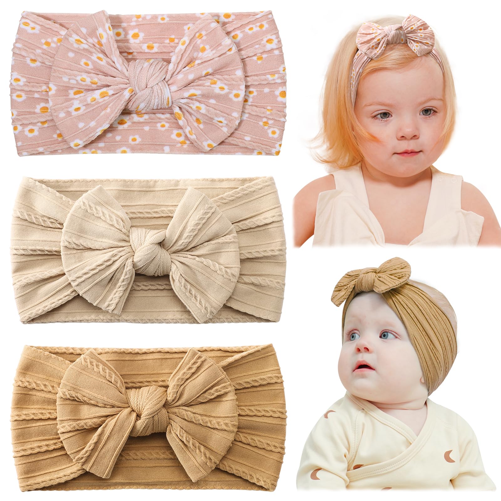 Jollybows Baby Girl Headband Bows Nylon Head Wraps Newborn Hairbands Infant Toddler Hair Bow (5- Ginger Beige Small Daisy Print)