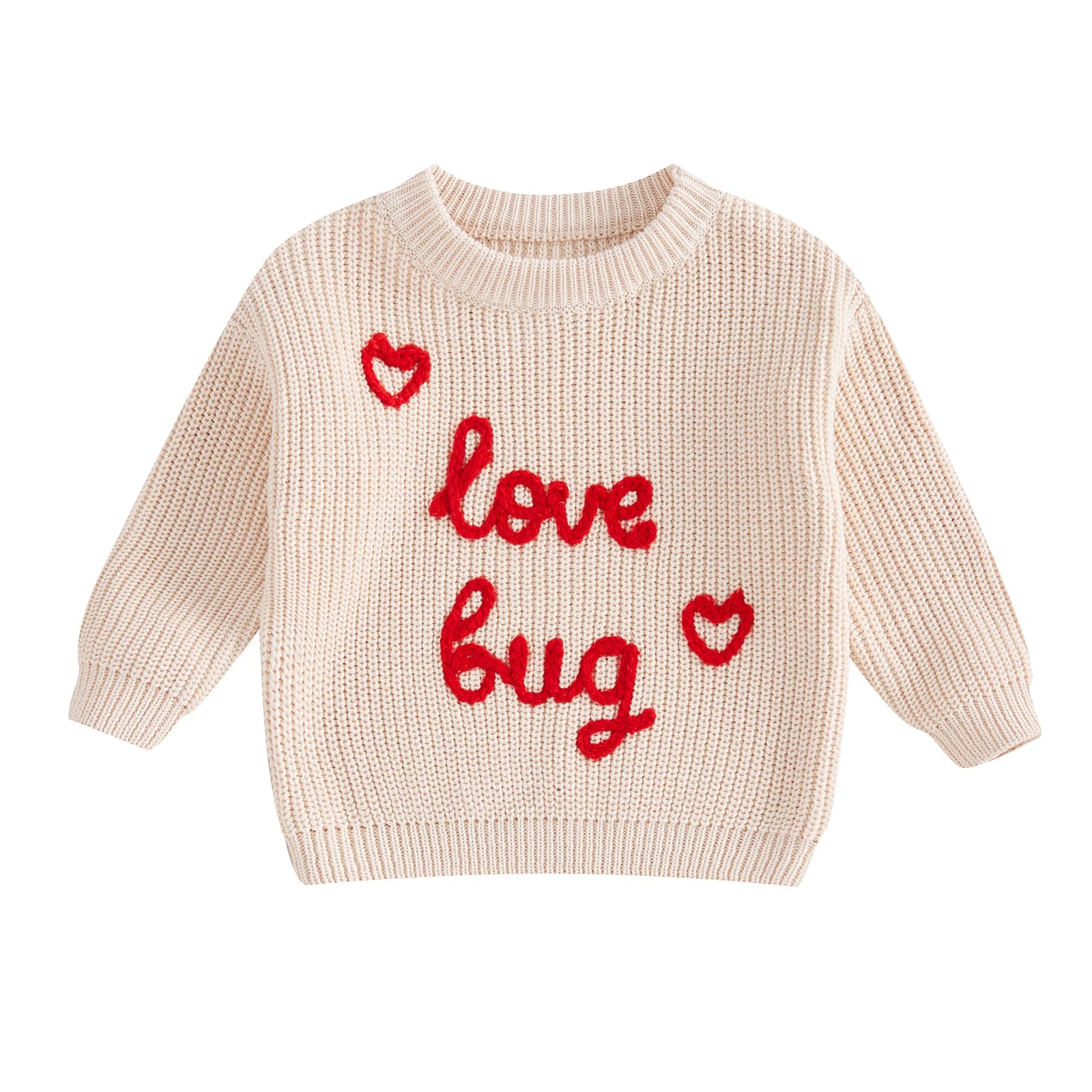 Dewadbow Toddler Kids Outfits Valentines Day Heart/Letter Embroidered Sweater Oversized Long Sleeve Knitted Sweatshirt (Love Bug