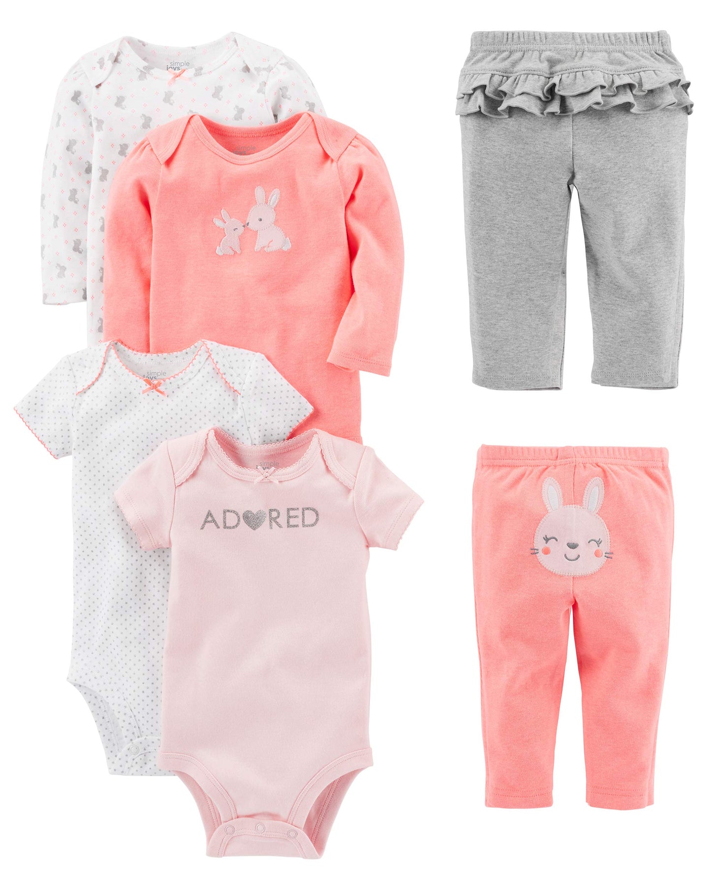 Simple Joys Baby Girls 6 piece Little Character set Sleepwear, Pink Bunny, Newborn