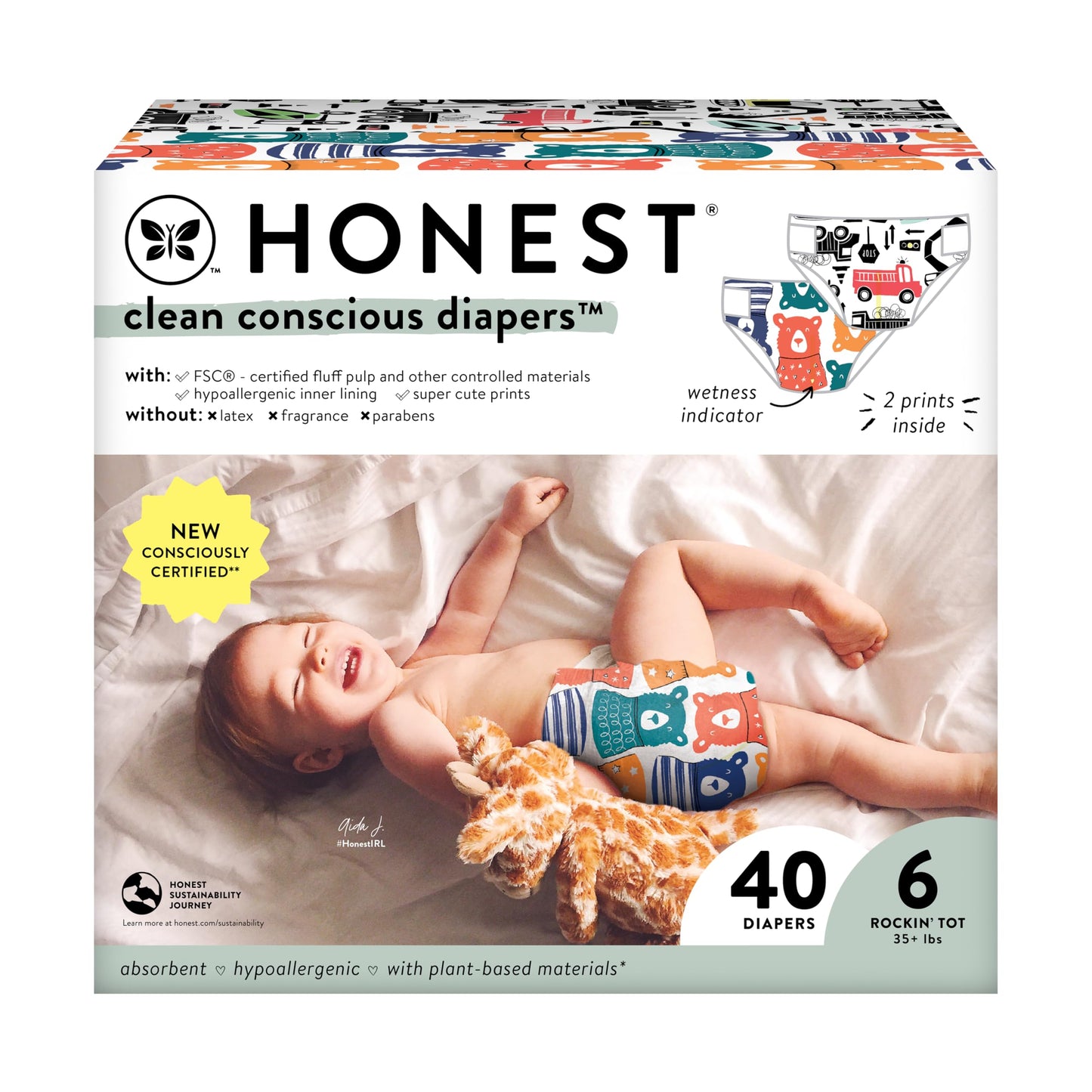 The Honest Company Clean Conscious Diapers For Sensitive Skin | Hypoallergenic, Fragrance Free | Gender Neutral Prints | Club Bo