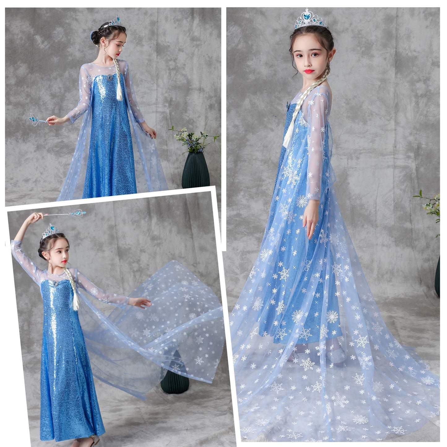 Luxury Shining Princess Costume Dress With Long Snowflake Cape For Girls Birthday Party 4T 5T