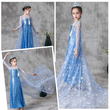 Luxury Shining Princess Costume Dress With Long Snowflake Cape For Girls Birthday Party 9-10 Years