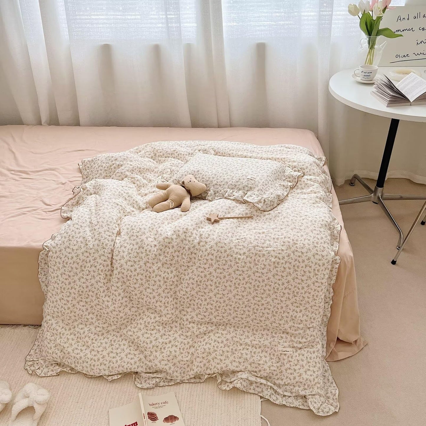 Bulutu Soft Cotton Muslin Duvet Cover Girls Kids Floral Duvet Cover Beige Crib Bedding Comforter Cover Quilt Cover, 47'X59', C