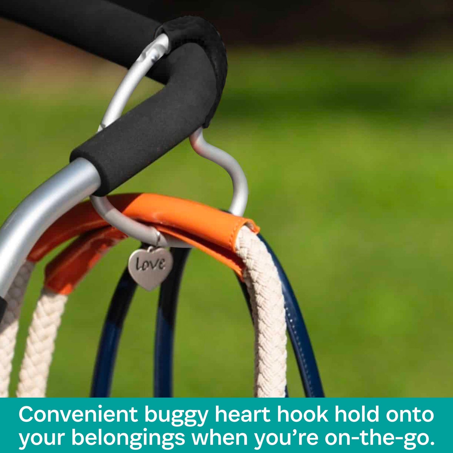 BUGGY HEART HOOK by BUGGYGEAR - The Perfect Way to Carry Your Baby Diaper Bag - Use Buggy Gear Heart Hook on Your Stroller Handl