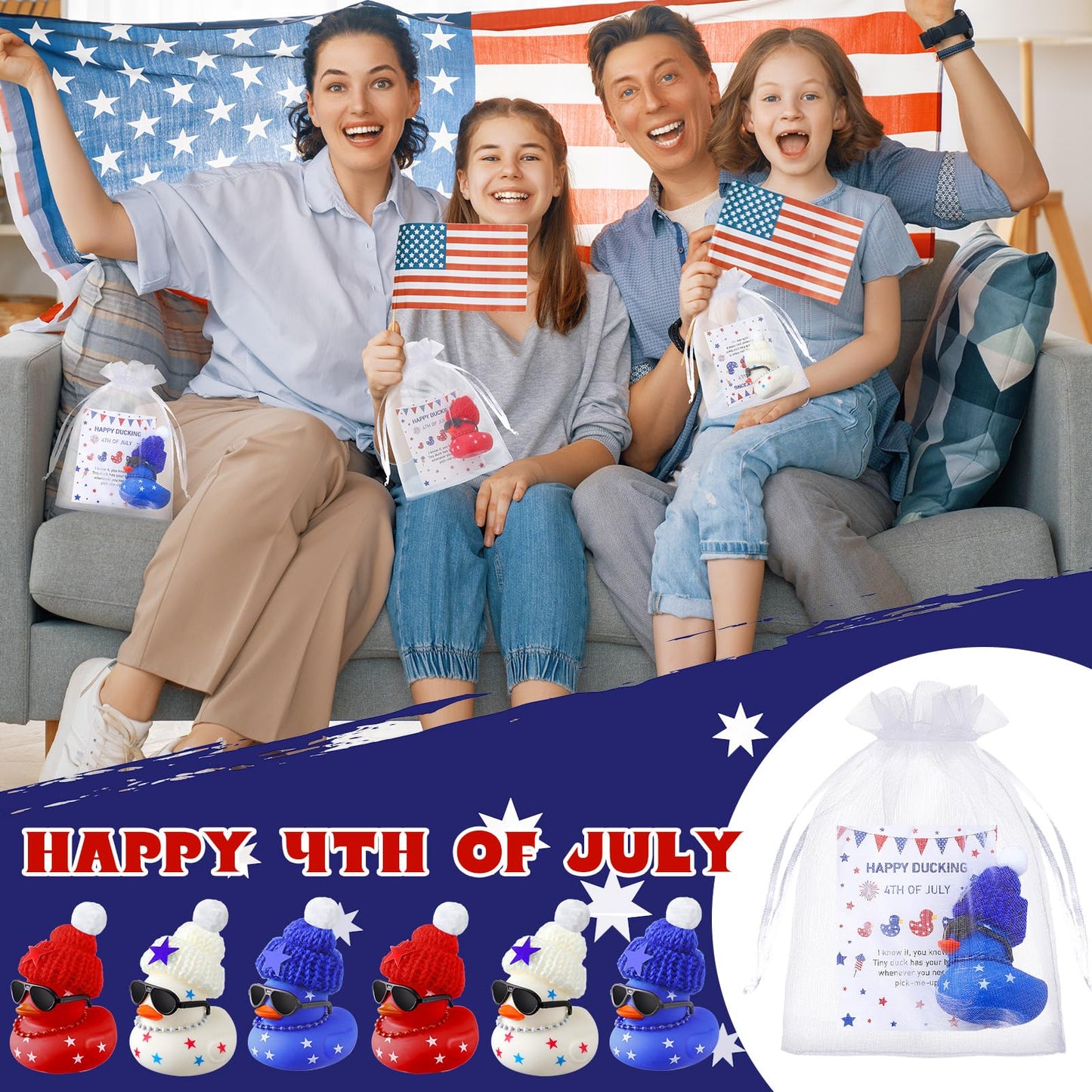 Lunmon 200 Pcs 4th of July Party Favor 50 Pcs Red White Blue Patriotic Rubber Duck 2 Inch Sunglass Independence Day Duck for Bat