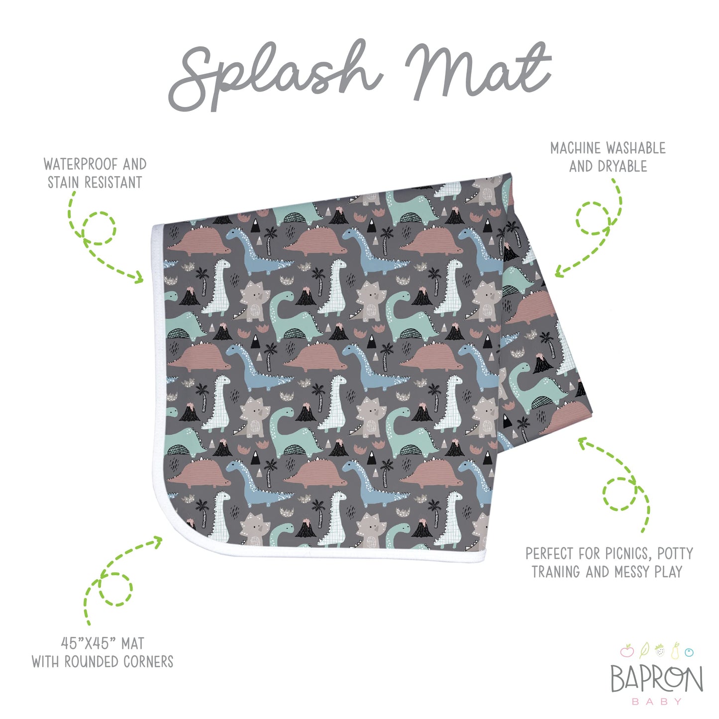 Bapronbaby Dinosaur Drawing Splash Mat - Waterproof Catch-All For Under High Chairs, Floors, Tables, Playtime Or Arts & Crafts -