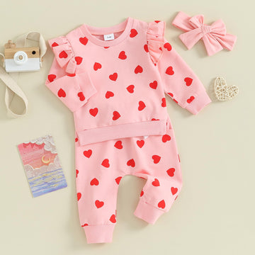 Fybitbo Toddler Baby Girl Valentines Day Outfit Heart Print Long Sleeve Ruffle Sweatshirt Pants Set 2Pcs Spring Clothes (Heart P