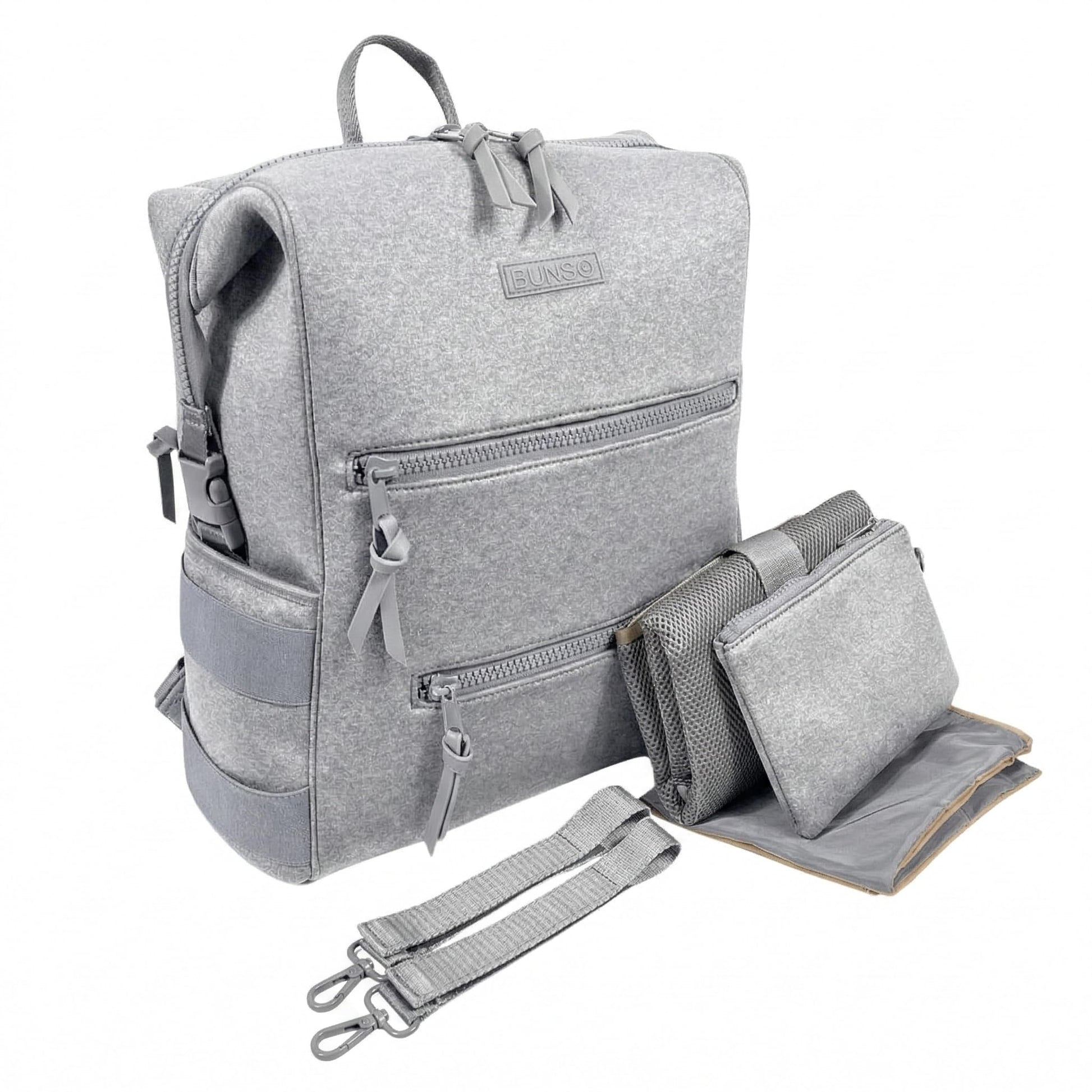 BUNSO Neoprene Diaper Bag Backpack, Water-resistant, Travel Baby Bag With Changing Pad, Stroller Straps, Wet Bag and Pouch (Gray