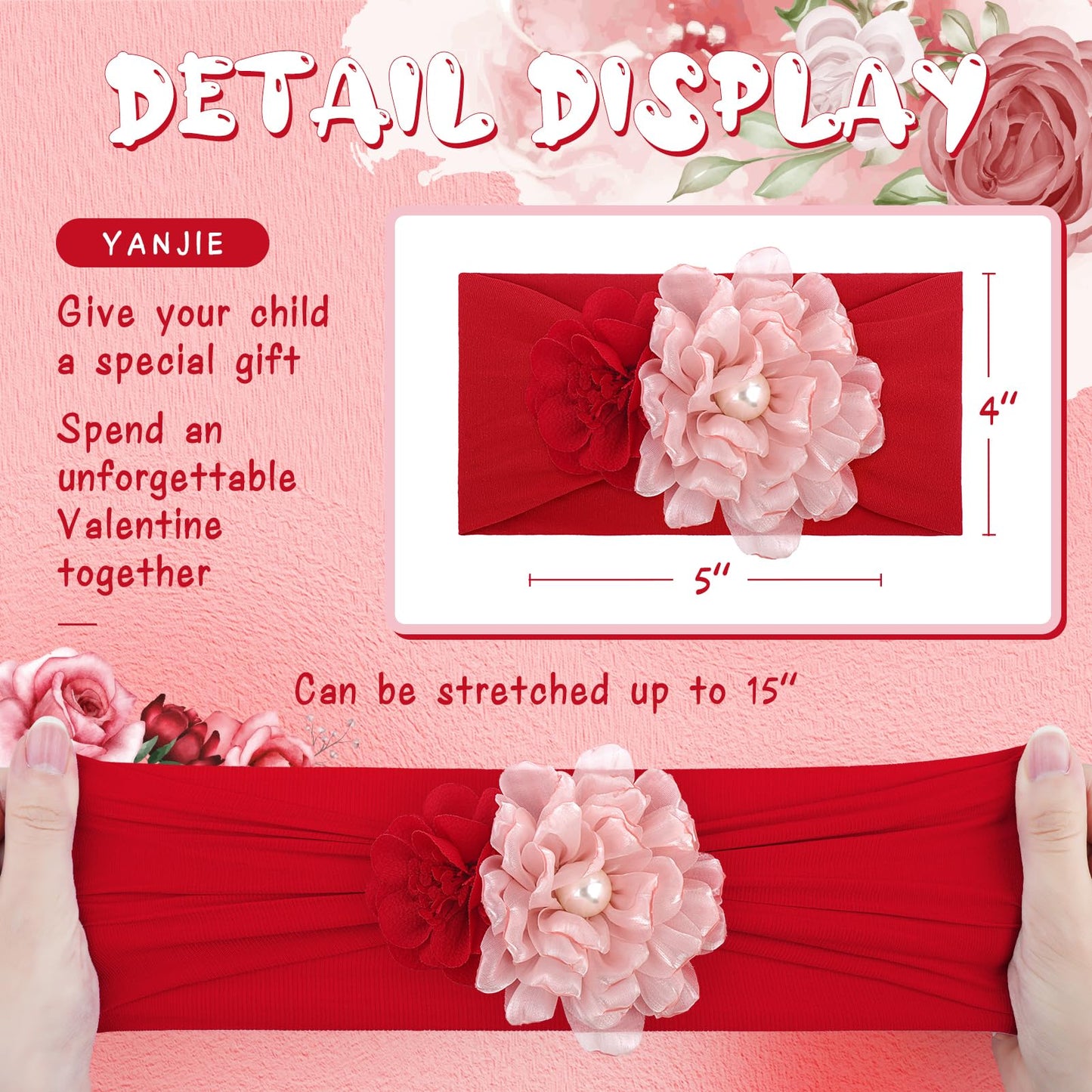 Yanjie Valentines Baby Girl Headbands Bows Red Hair Bows Newborn Headbands Heart Wide Hairbands Pink Flower Headband Baby Hair A