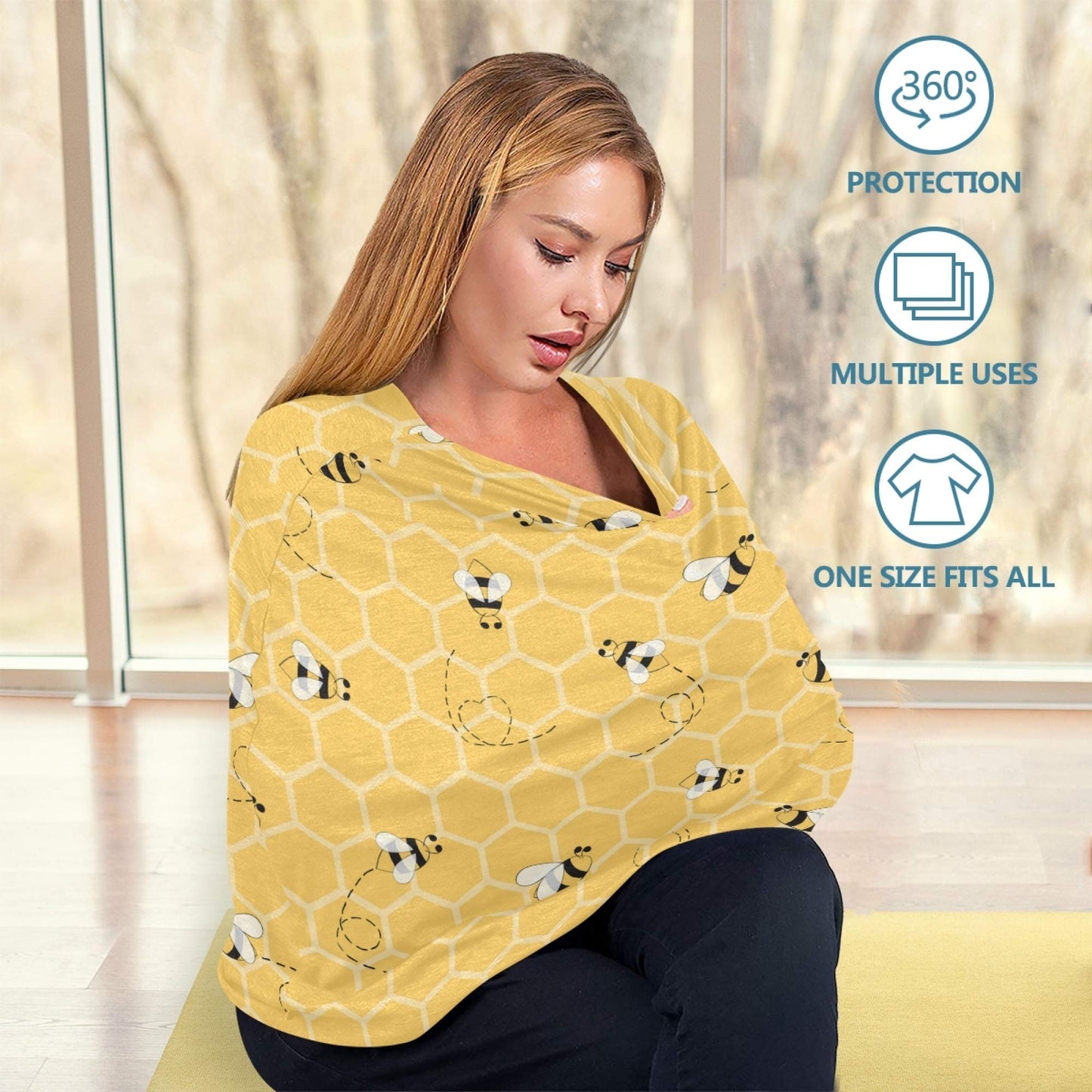 Yyzzh Cute Bee On Honey Yellow Honeycomb Pattern Stretchy Baby Car Seat Cover Infant Canopy Nursing Covers Breastfeeding Cover B