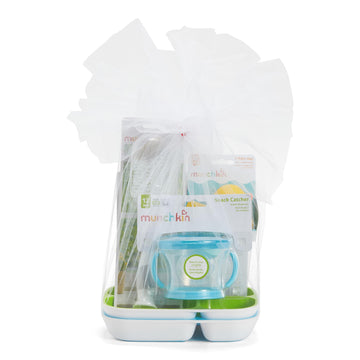 Munchkin New Beginnings Baby Gift Set, Includes Feeding Utensils, Divided Plates, Bottle Brush, Bath Toy And Teether, Neutral