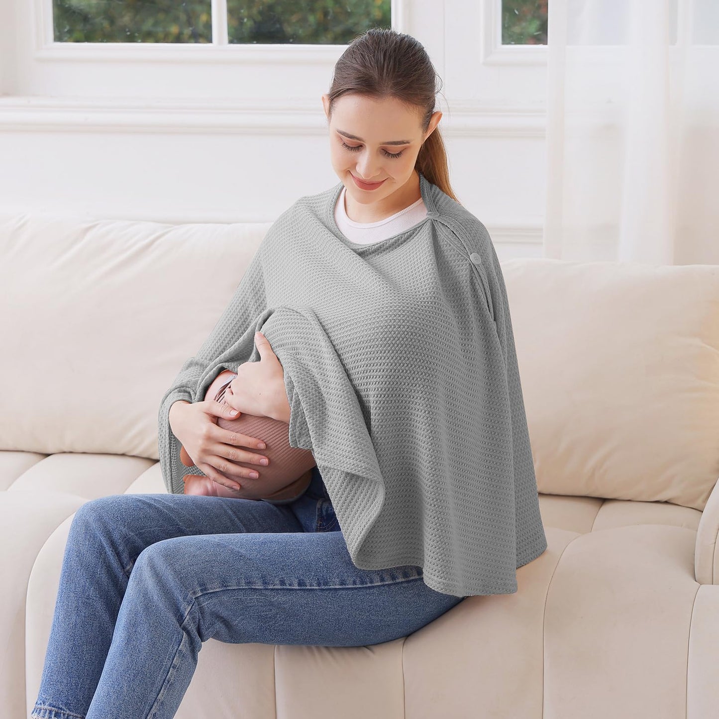 Knit Nursing Cover For Baby Breastfeeding, Breathable And Soft, Wide Neck With Stretch For Easy View (Grey)