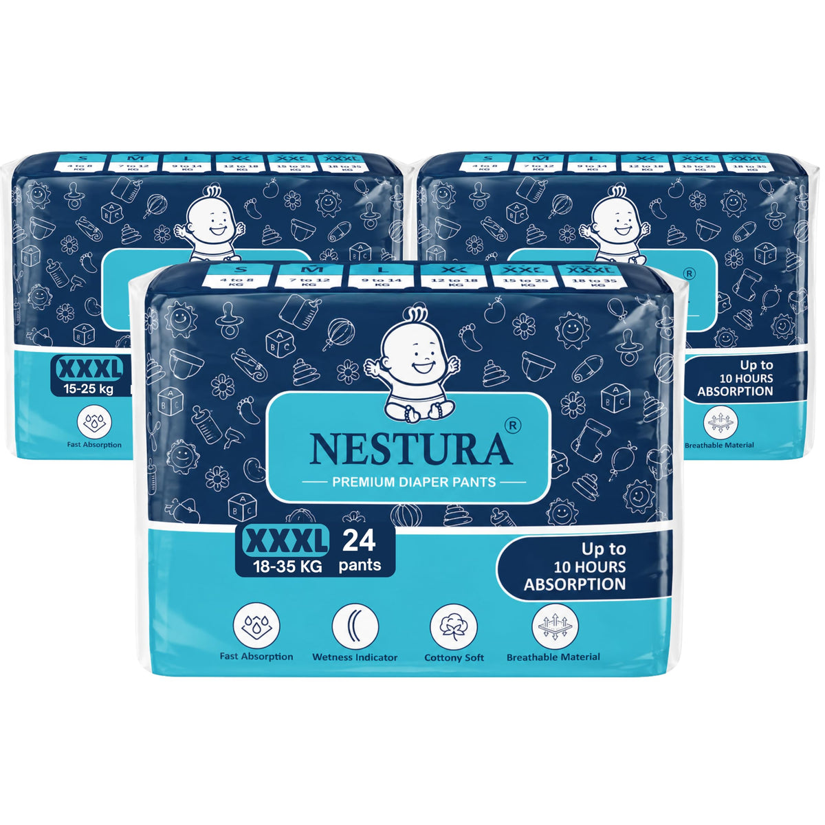 Nestura Baby Diapers Pants 3Xl (Xxxl) Size (1835 Kg), 72 Diapers | Pack Of 3 | Up To 10 Hrs Protection