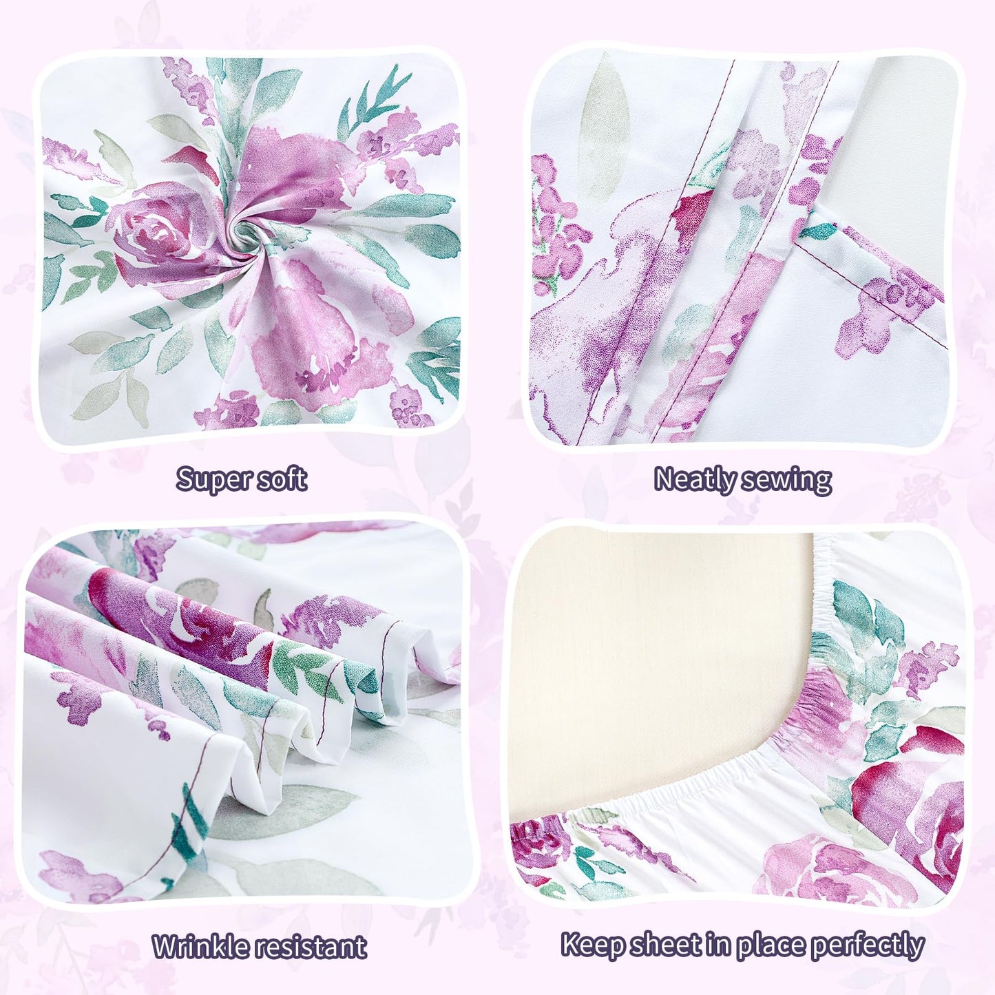 Tanofar 4-Piece Toddler Bedding Sets For Girls - Ultra Soft Purple Floral Toddler Girl Bedding, Reversible Crib Bed Sets, Includ
