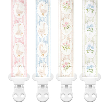 Stadela Baby Fabric Pacifier Clip Holder, Plastic Clip, 4-Pack, Cottagecore Pattern, Silly Goose Set