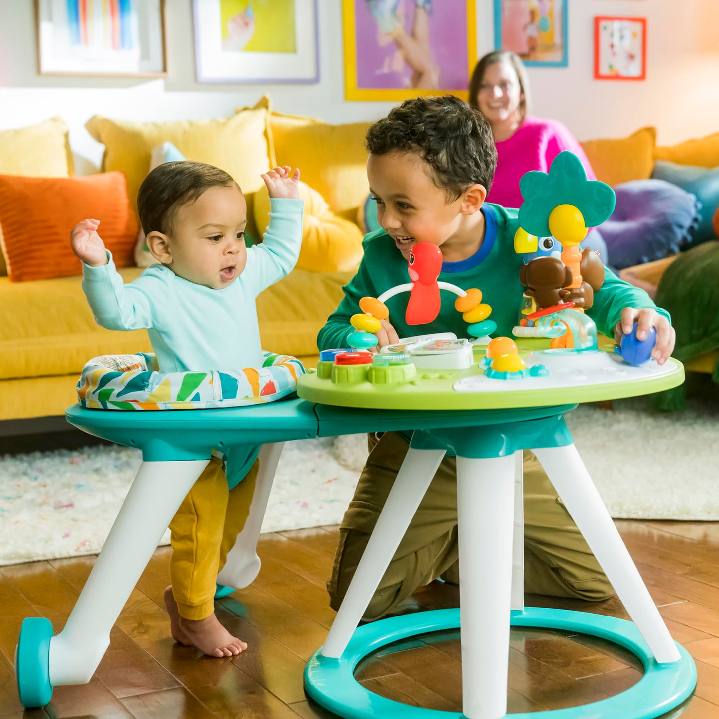 Bright Starts Around We Go 2-in-1 Walk-Around Baby Activity Center & Table, Tropic Cool, Ages 6 Months+