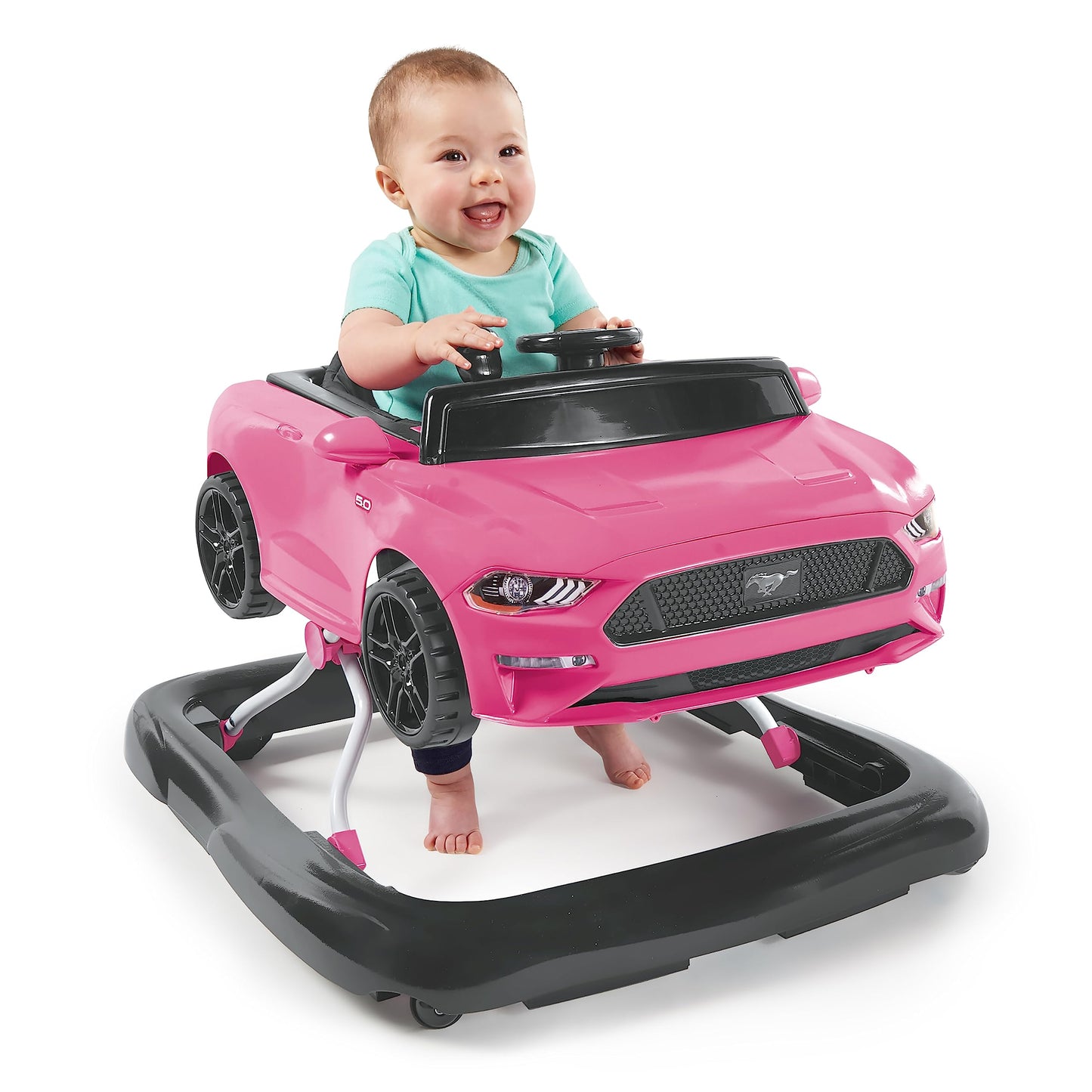 Bright Starts Ford Mustang 4-In-1 Pink Baby Activity Center & Push Walker With Removable Interactive Steering Wheel -Toy, 6 Mont