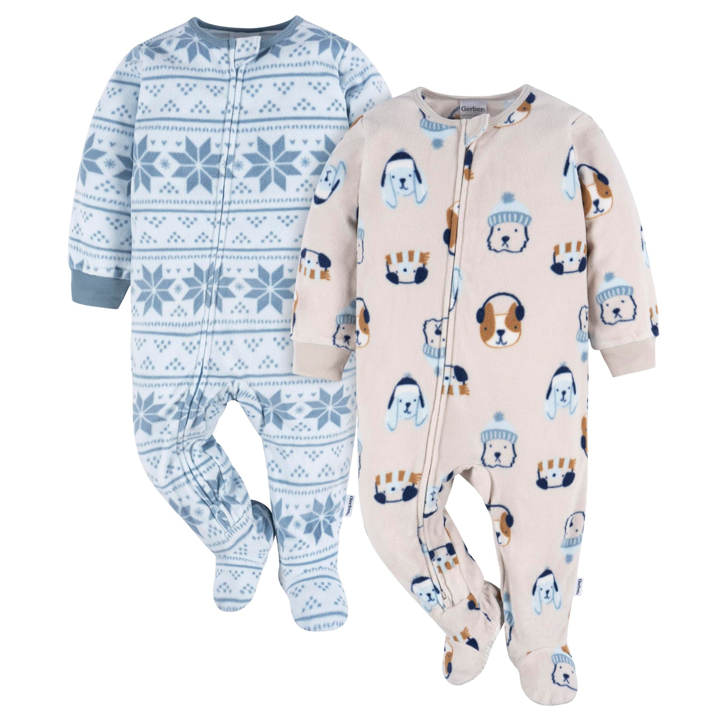 Gerber Baby Boy'S Toddler Loose Fit Flame Resistant Fleece Footed Pajamas 2-Pack, Dog/Blue Fairisle, 3-6 Months