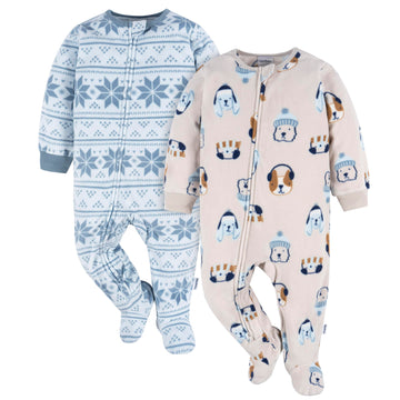 Gerber Baby Boy'S Toddler Loose Fit Flame Resistant Fleece Footed Pajamas 2-Pack, Dog/Blue Fairisle, 3-6 Months