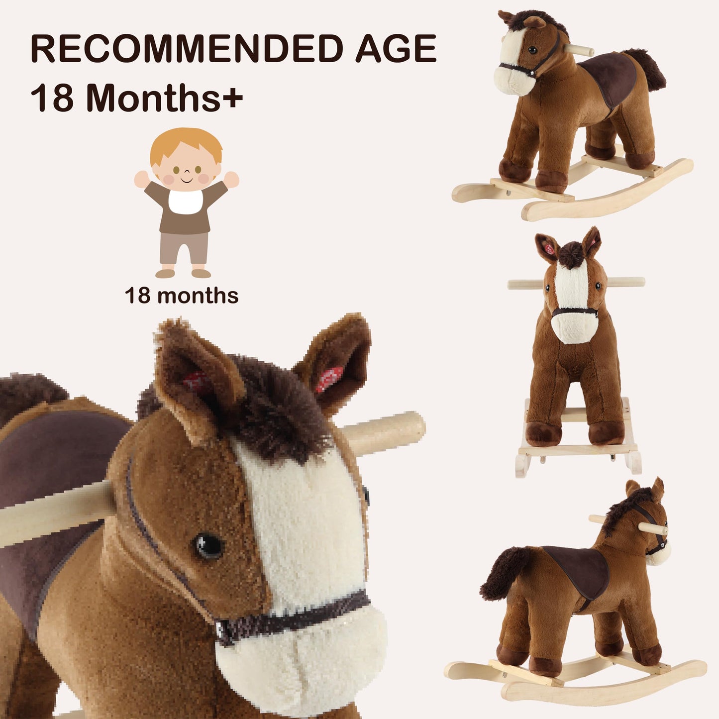 Plush Rocking Horse, Soft Filling Ride on Pony, Rocking Animal, Stuffed Rocker for Kids 18 Months and up (Dark Brown)