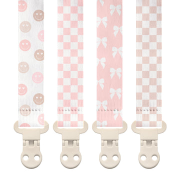 Stadela Baby Fabric Pacifier Clip Holder, Plastic Clip, 4-Pack, Checker Pattern, Emily Set