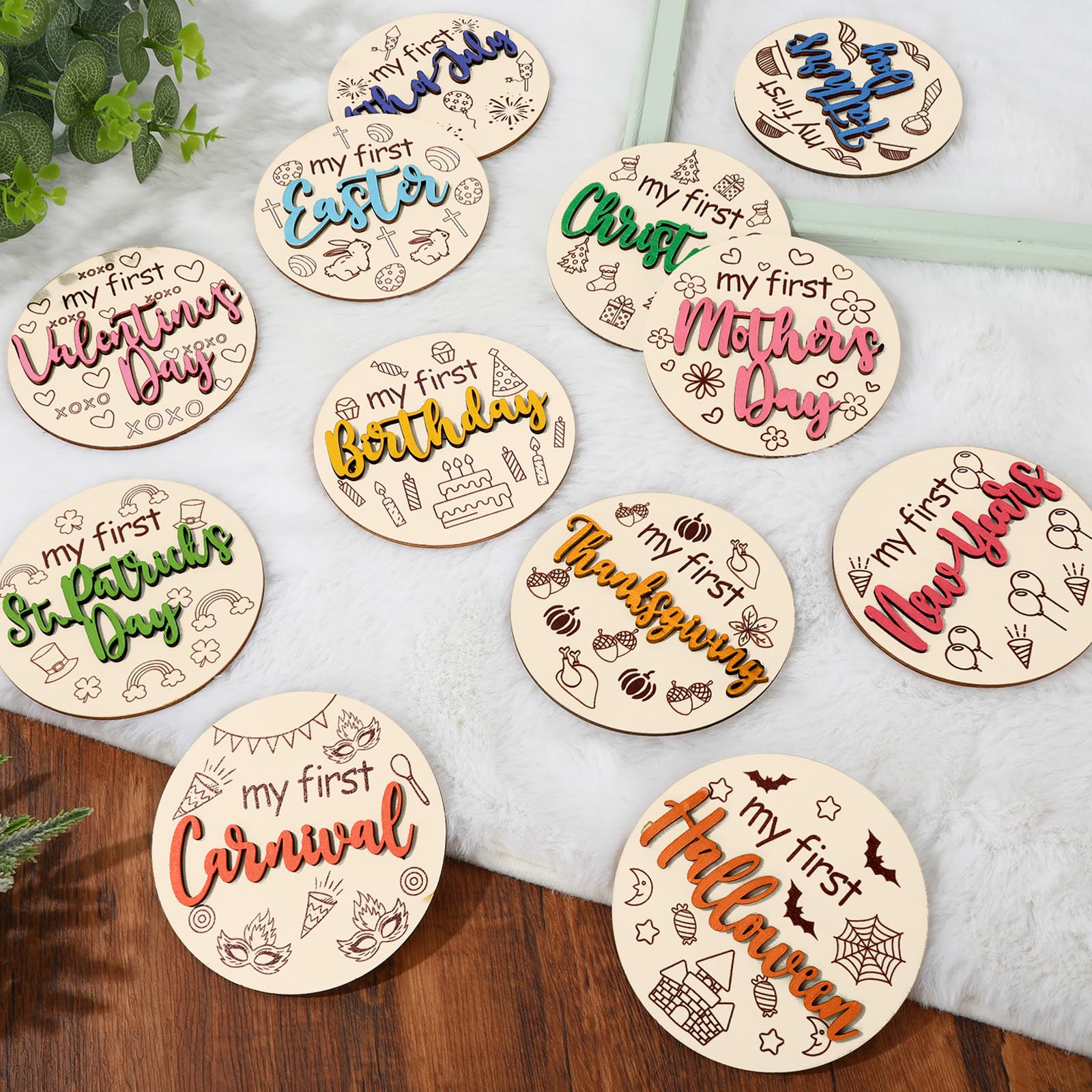 JarThenaAMCS 12Pcs First Holiday Baby Milestone Cards Double-deck Wooden Discs Announcement Sign Newborn Photography Prop for Pr