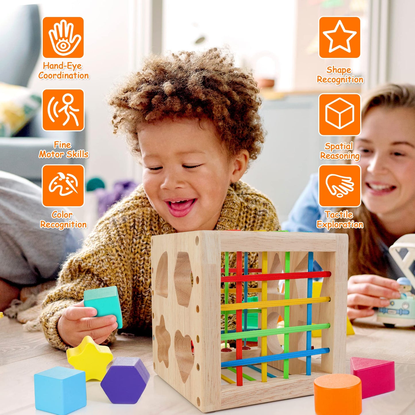 HELLOWOOD Montessori Toys for 1+ Year Old, Wooden Sorter Cube with 8pcs Rattling Shapes, Developmental Learning Toy Gifts for Ba