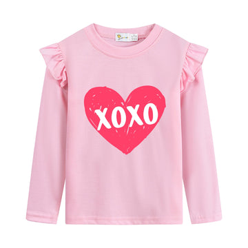 Girls Pink Hearts Ruffled Shirt Valentines Day T-Shirts Little Girl Cute Cotton Tee Toddler Kids T-Shirt 3T