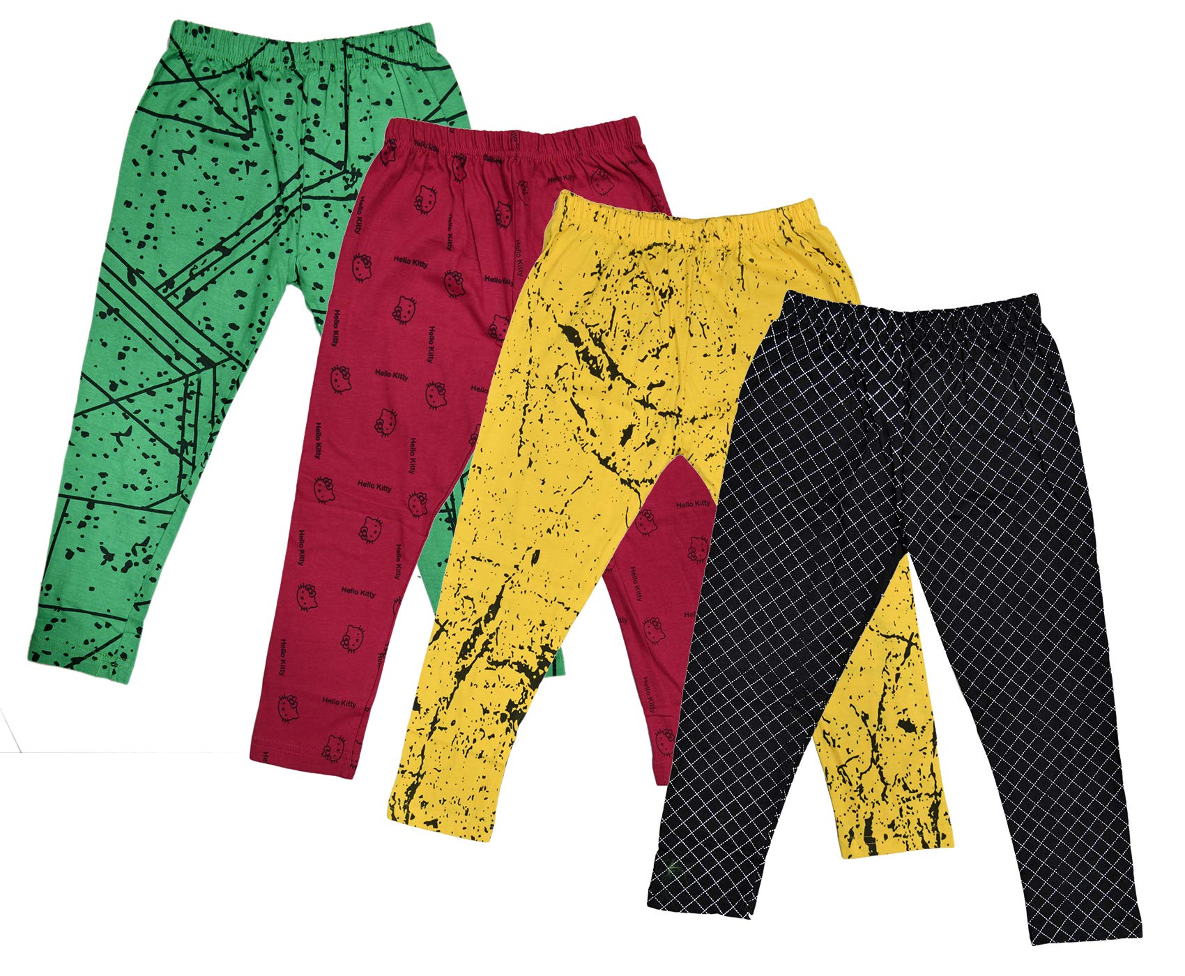 IndiWeaves Girls Pure Cotton Stylish Printed Capris 3/4th Pants (Pack of 4) Green1,Magenta1,Yellow1,Black1