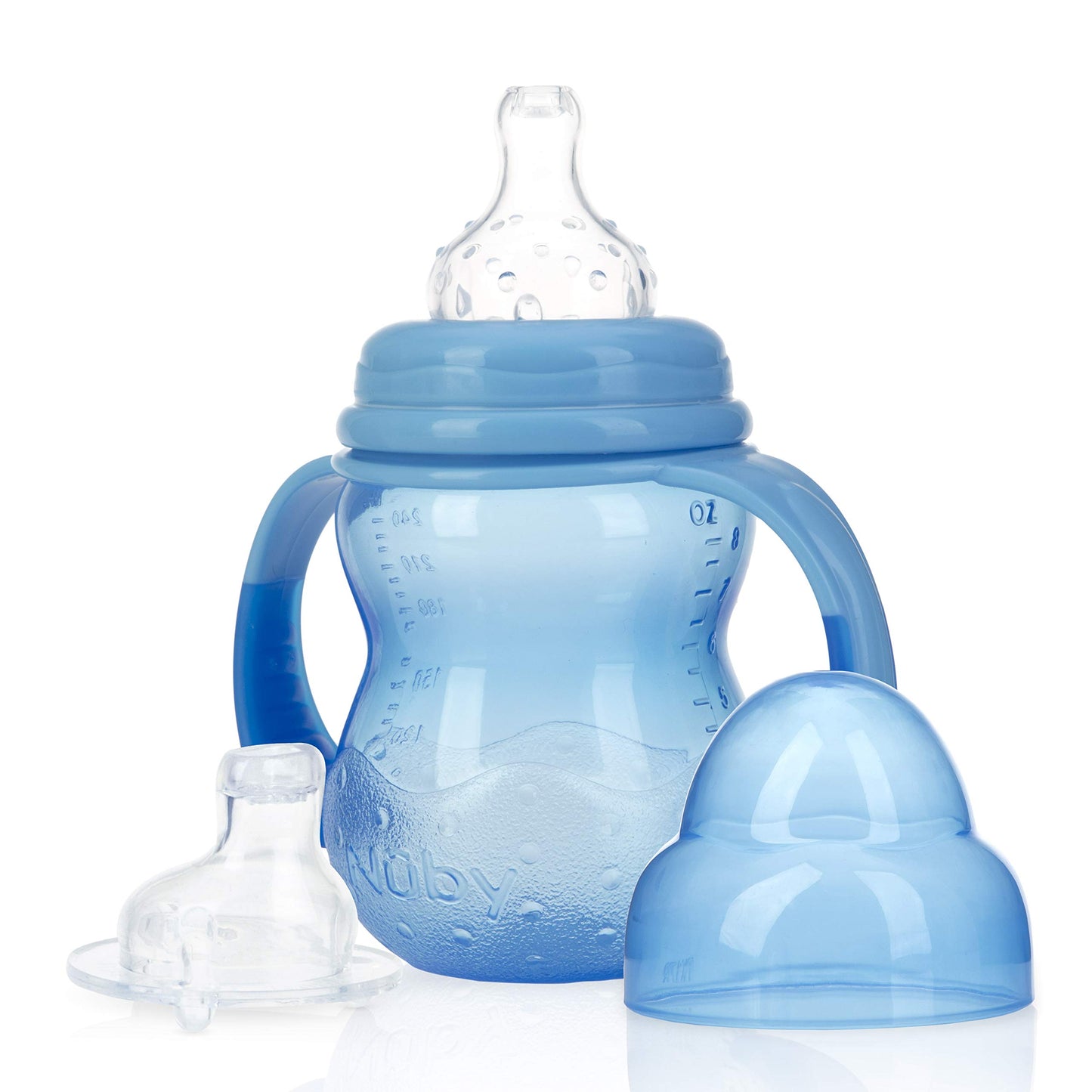 Nuby 3-Stage Wide Neck No Spill Bottle with Handles and Non-Drip Juice Spout, 3 Months, 8 Ounce, Blue