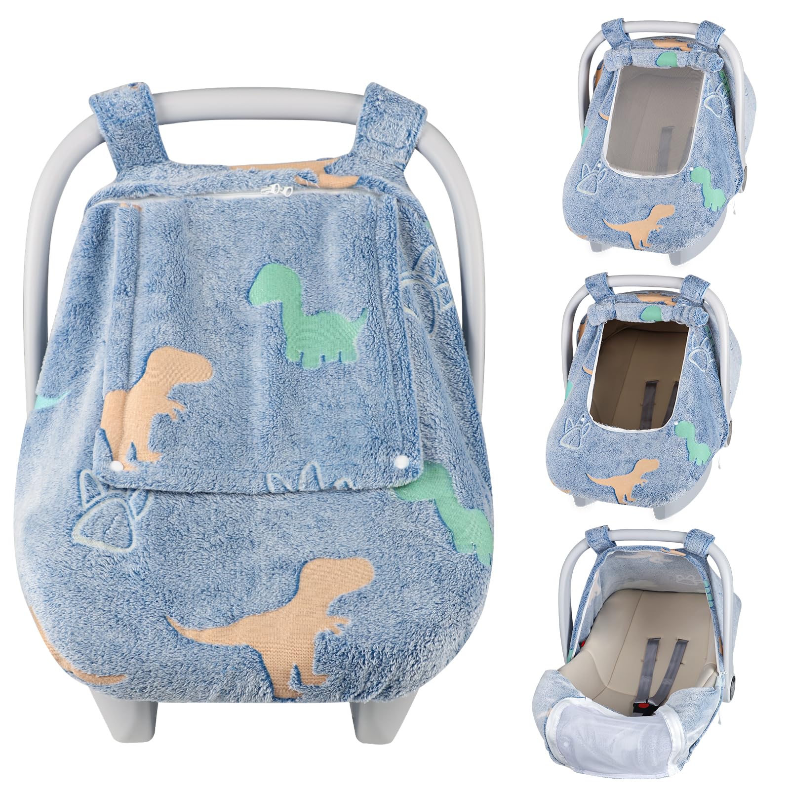 Jundetye Car Seat Cover Baby Boys Girls, Soft Flannel Infant Carseat Cover with 2 Zipper Windows, Dinosaur Carrier Cover Canopy 