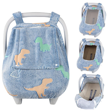 Jundetye Car Seat Cover Baby Boys Girls, Soft Flannel Infant Carseat Cover with 2 Zipper Windows, Dinosaur Carrier Cover Canopy 