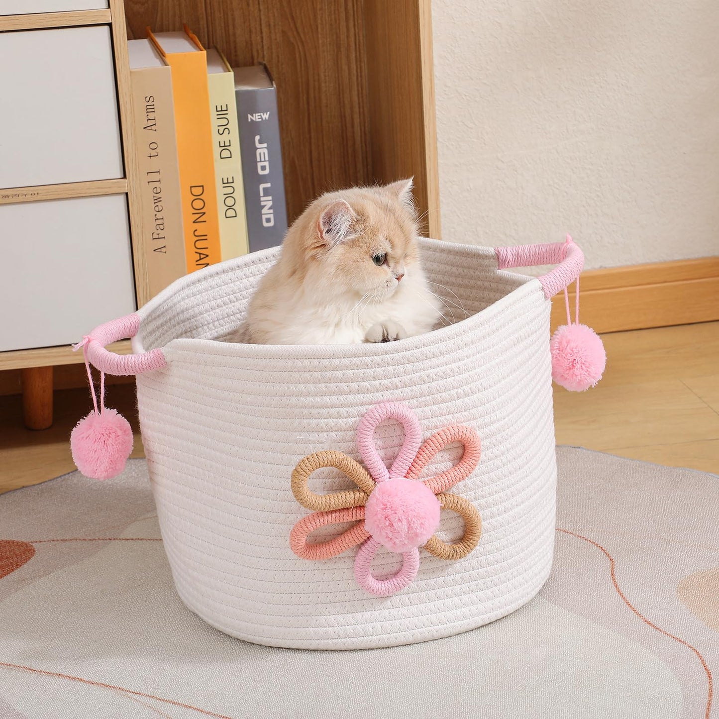 Inough Pink Cotton Rope Storage Basket With 3D Flower For Kids, Blanket Baskets For Living Room Toys Organizer With Handle Woven