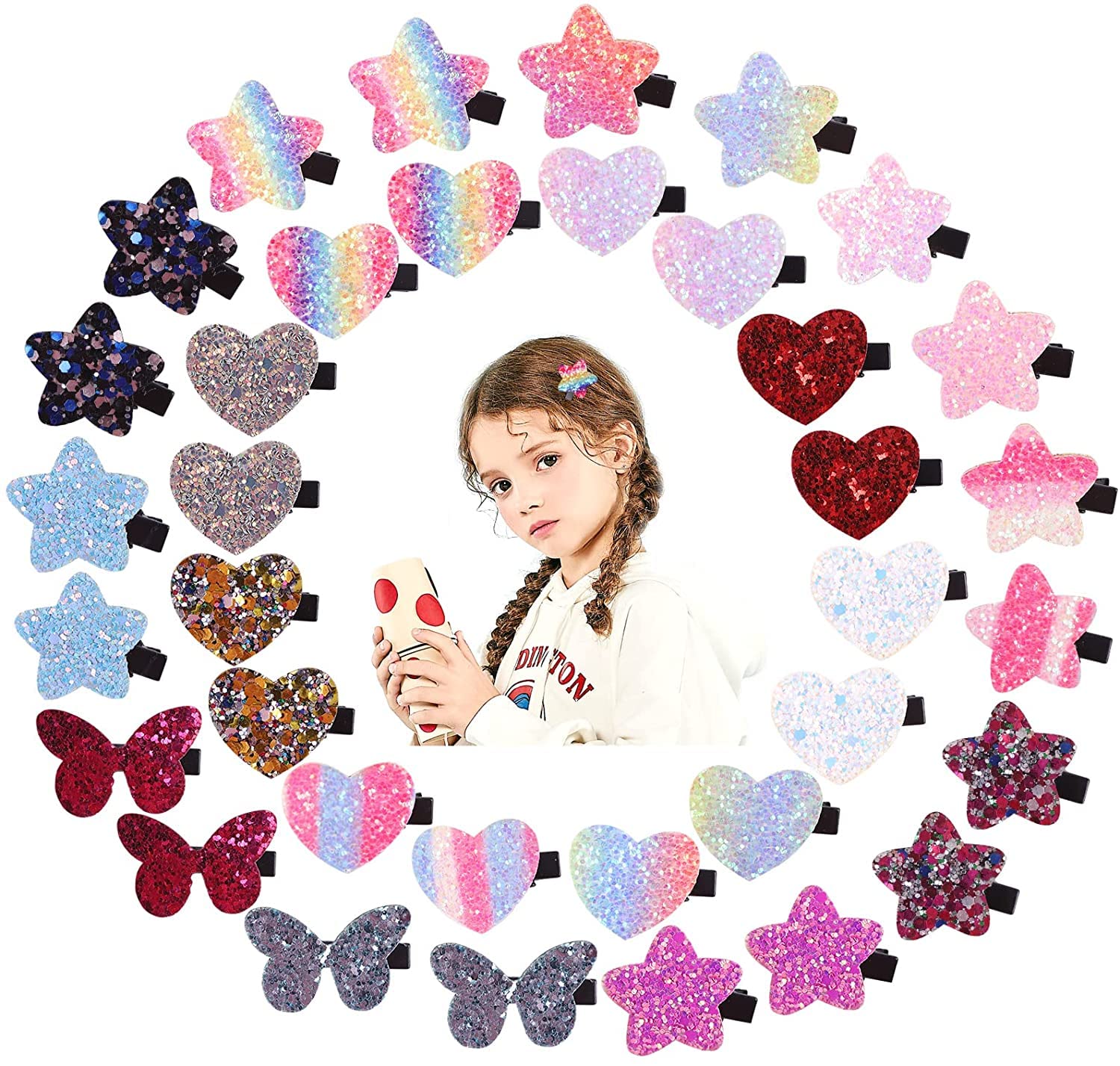 Fishdown Sparkle Sequins Hair Accessories for Girls: 36 Pcs Star, Heart, Butterfly Hair Clips, Barrettes, and Alligator Clips fo