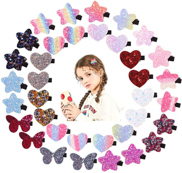 Fishdown Sparkle Sequins Hair Accessories for Girls: 36 Pcs Star, Heart, Butterfly Hair Clips, Barrettes, and Alligator Clips fo