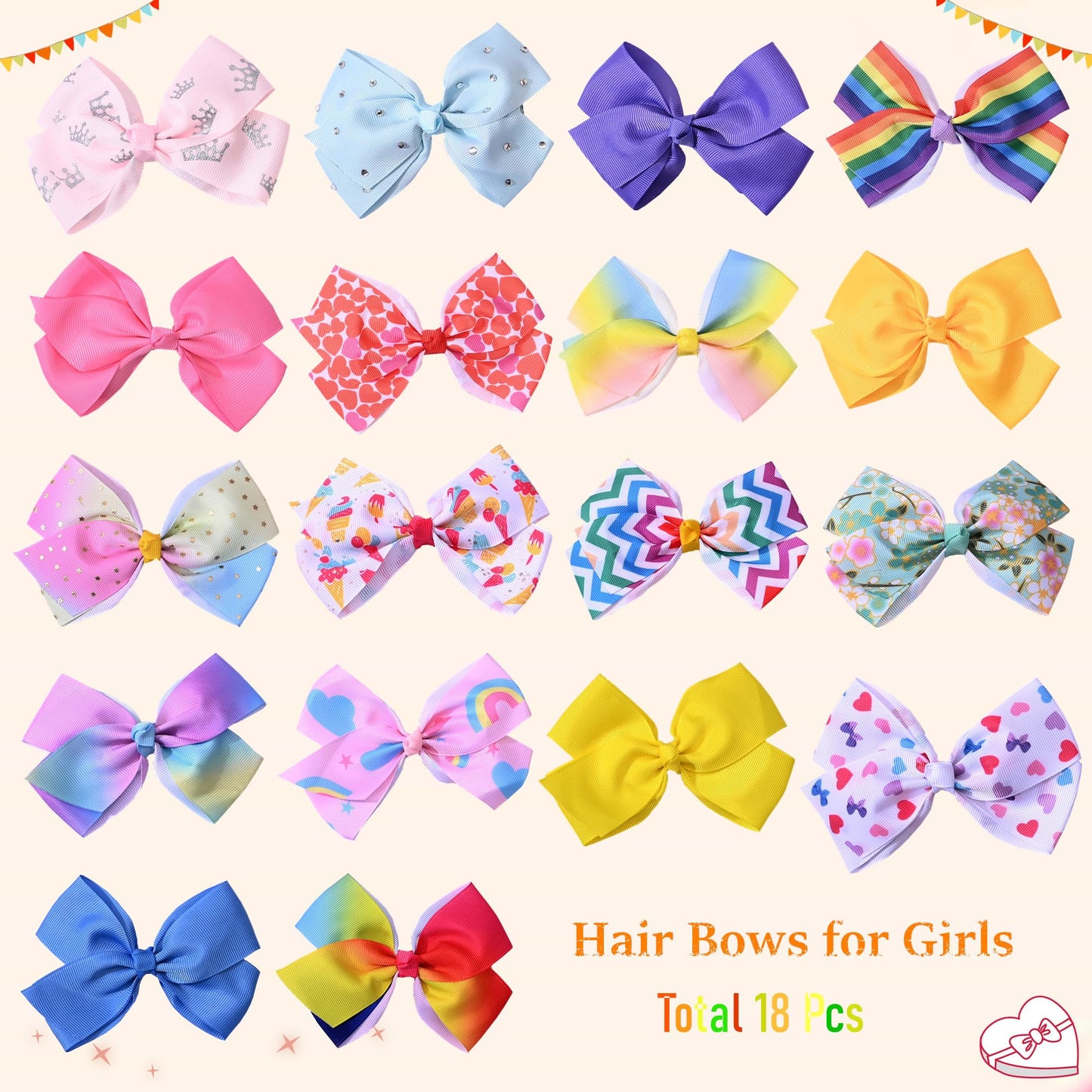 18 Pcs 5 Inch Rainbow Grosgrain Ribbon Hair Bows & Clips For Girls, Toddlers, Kids, And Teens