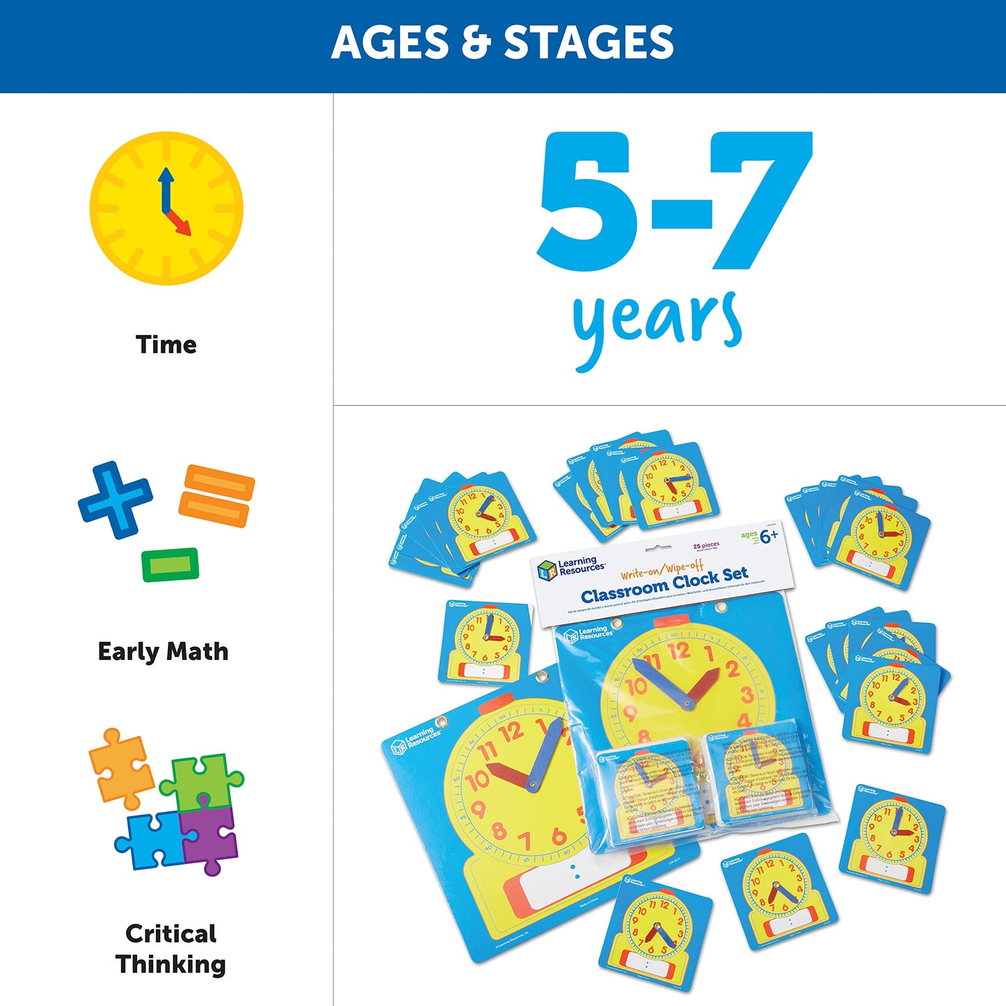 Learning Resources Write & Wipe Clocks Classroom Set - 25 Pieces, Ages 6+ Laminated Dry-Erase, Teaching Aids, Teacher Supplies,