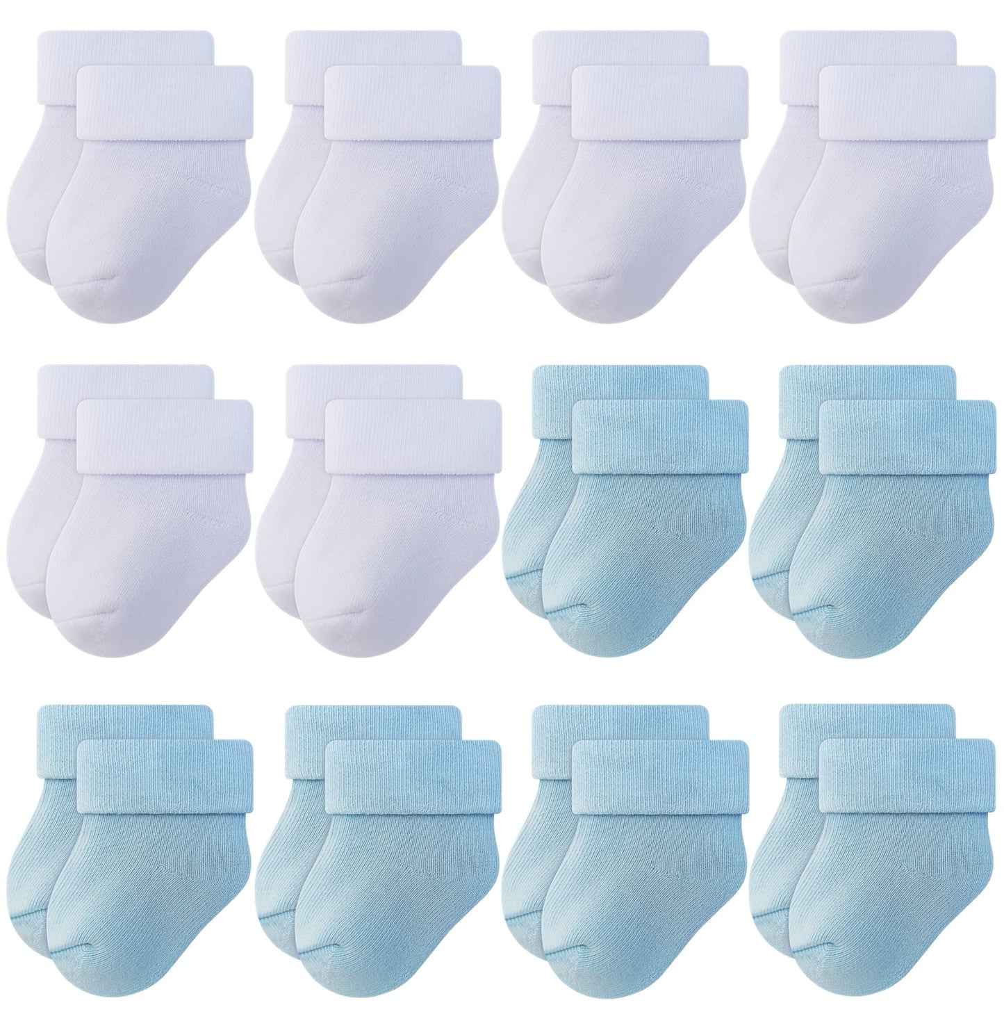 Rative Newborn Thick Terry Turn Cuff Socks For Baby Boys And Girls (0-3 Months, 6White+6Blue)