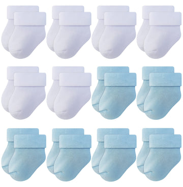 Rative Newborn Thick Terry Turn Cuff Socks For Baby Boys And Girls (0-3 Months, 6White+6Blue)